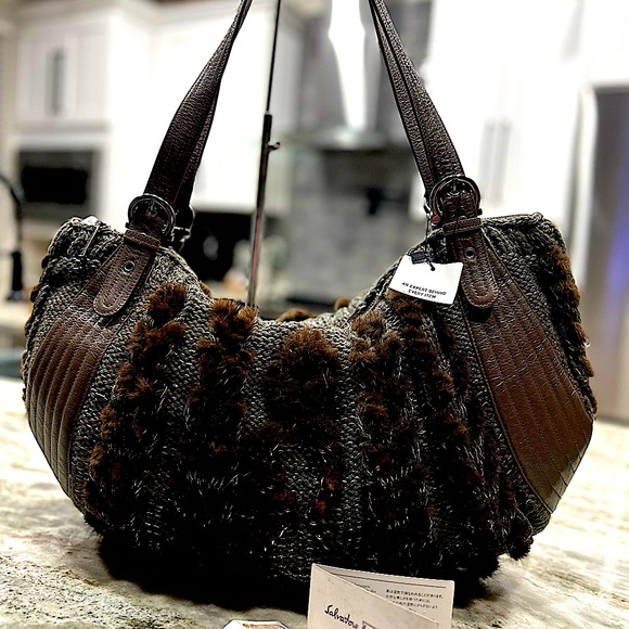 Salvatore Ferragamo Authentic Brown Mink. Grey Knit. Leather Trim Bag - Picture 5 of 14